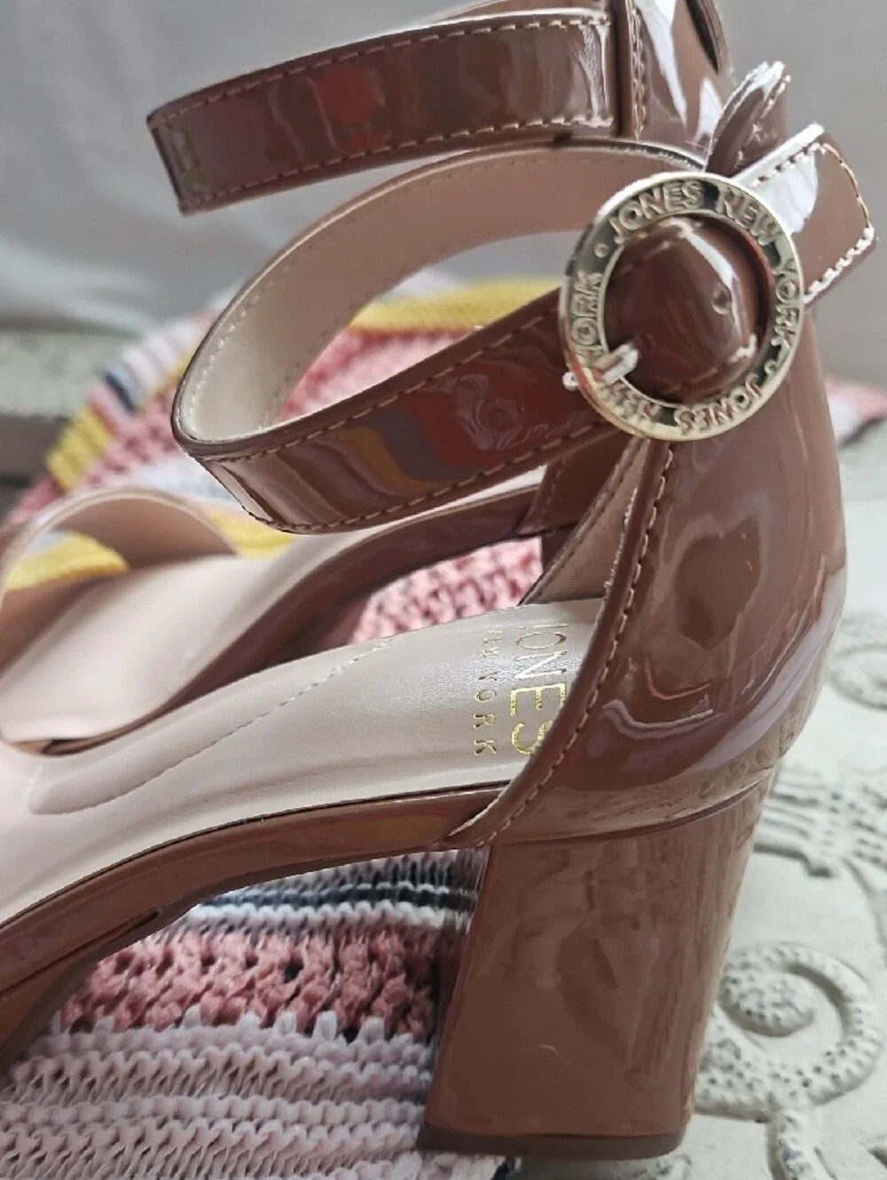 Jones New York Patent Nude Block Heel Sandals with Ankle Strap